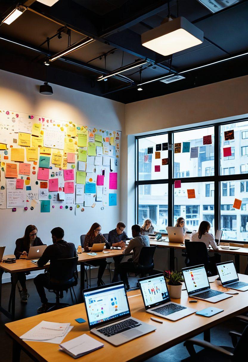 A creative workspace filled with digital tools like laptops and tablets, surrounded by colorful sticky notes and mind maps. In the center, a diverse group of individuals collaborating, discussing ideas with passion and excitement. Bright light streaming through a window, symbolizing inspiration and connectivity. Visual elements like graphs and social media icons floating around, representing digital reach. super-realistic. vibrant colors. white background.