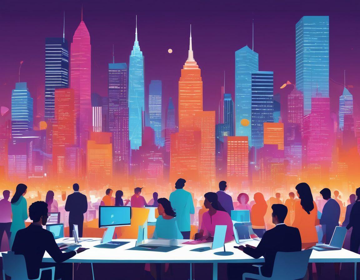 A bustling digital marketing scene featuring diverse professionals collaborating on media outreach strategies. Highlight elements like laptops, social media icons, and SEO charts displayed on screens. Incorporate vibrant colors that represent creativity and engagement while showcasing a city skyline in the background. The atmosphere should convey a sense of teamwork and innovation. vector art. vibrant colors. white background.