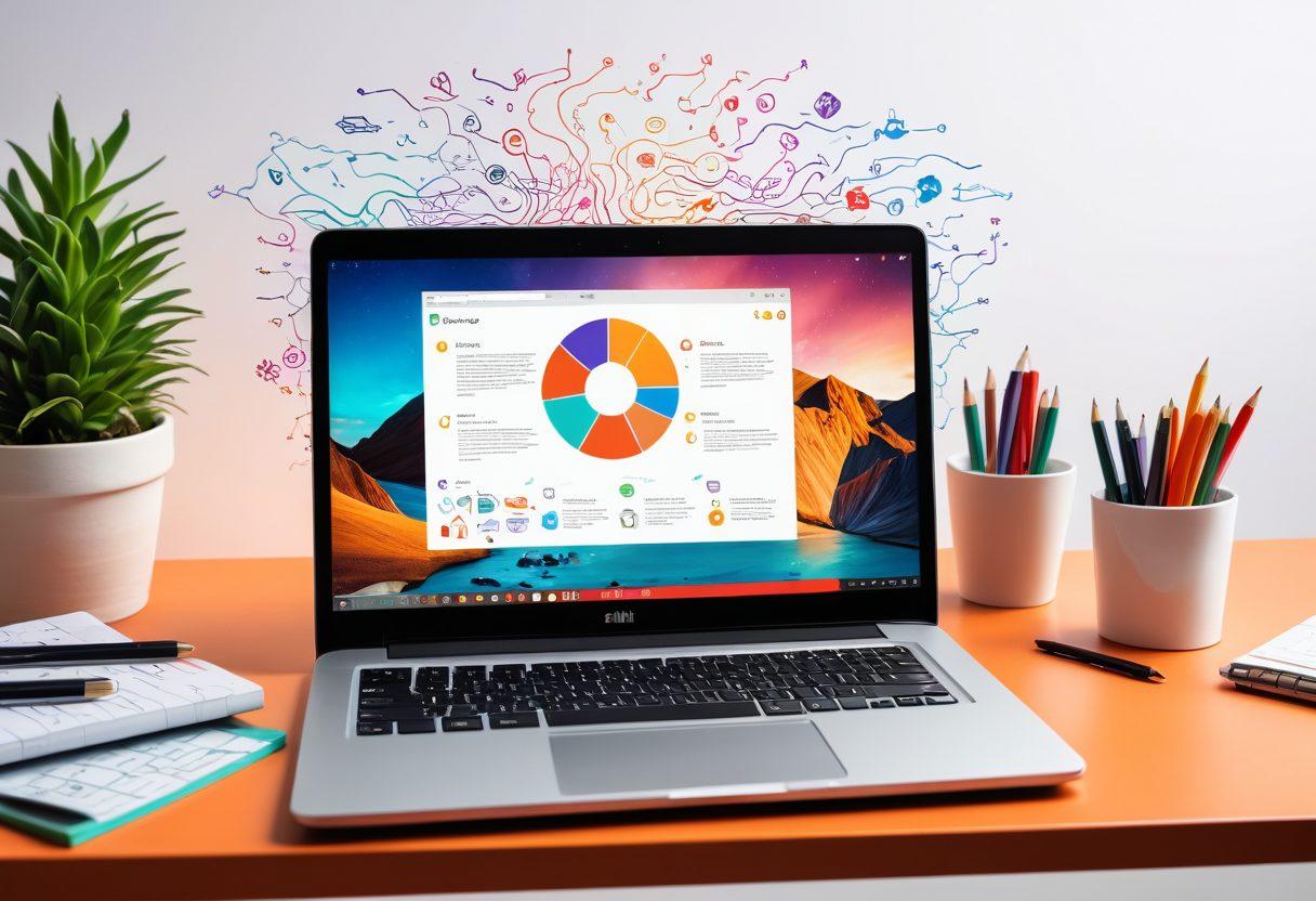 A vibrant, dynamic workspace featuring a laptop with an open blog on the screen, surrounded by colorful multimedia elements like video clips, audio waves, and infographic sketches. Include a creative mind map floating above, symbolizing innovative digital content strategies. A cozy, inspirational atmosphere with warm lighting enhances the vibe. super-realistic. vibrant colors. white background.